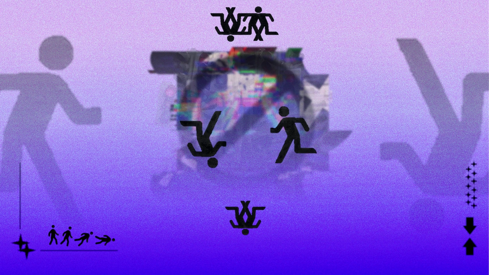 Purple visual field with a glitched central doorway and repeated running and falling symbols