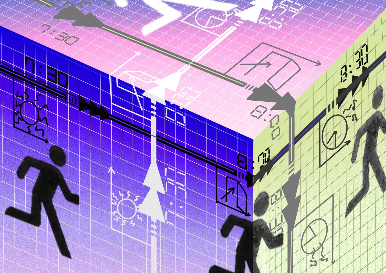 Perspective room made from purple, pink, and pale-green grids with running figures and directional arrows