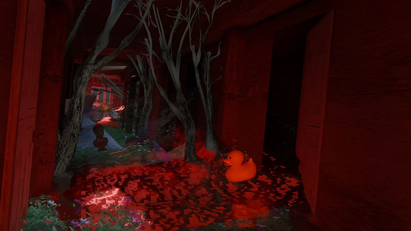 A flooded corridor lit red, filled with bare trees, with a small orange duck at right