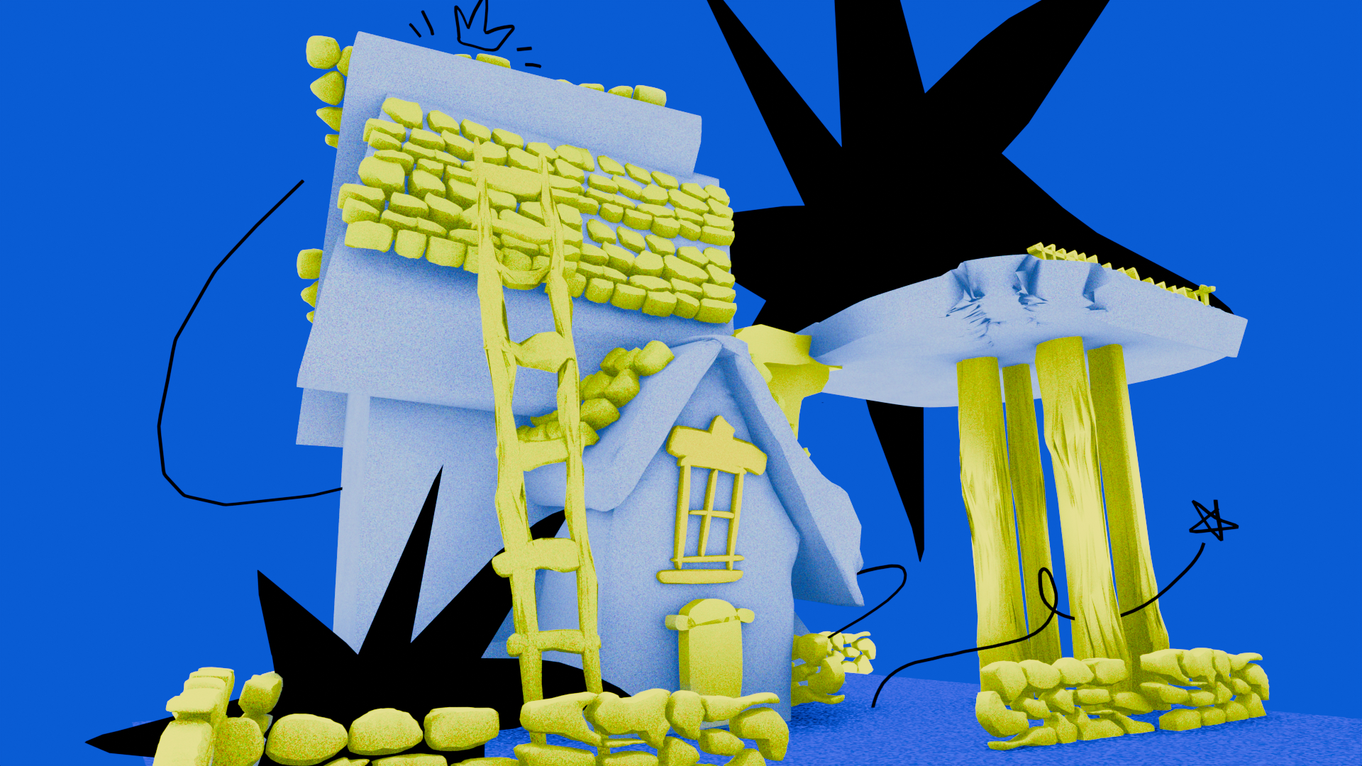 Pale-blue and fluorescent-yellow architecture on blue with black tree forms and drawn arrows
