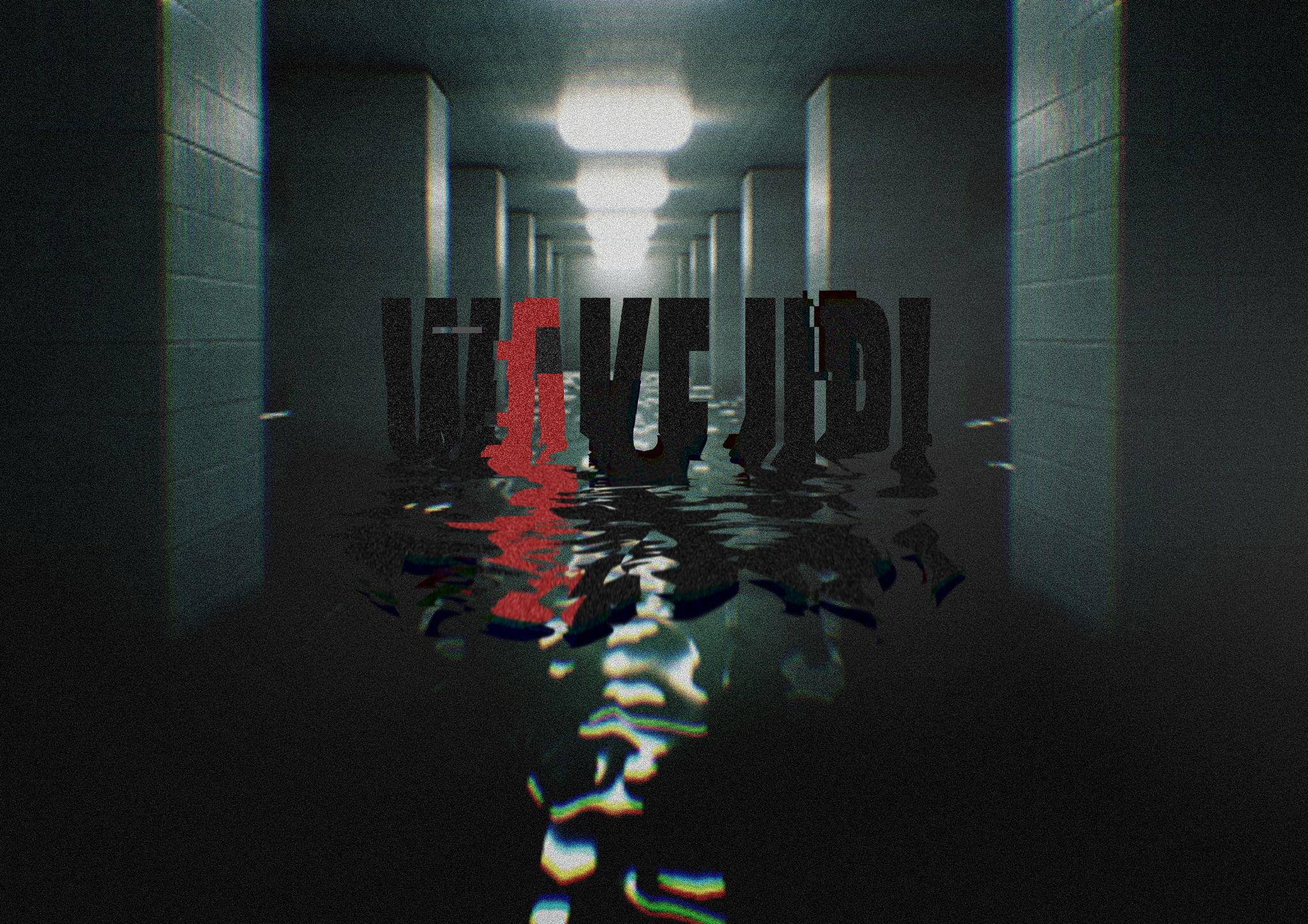 Dark flooded corridor with distorted Wake Up title reflected in water