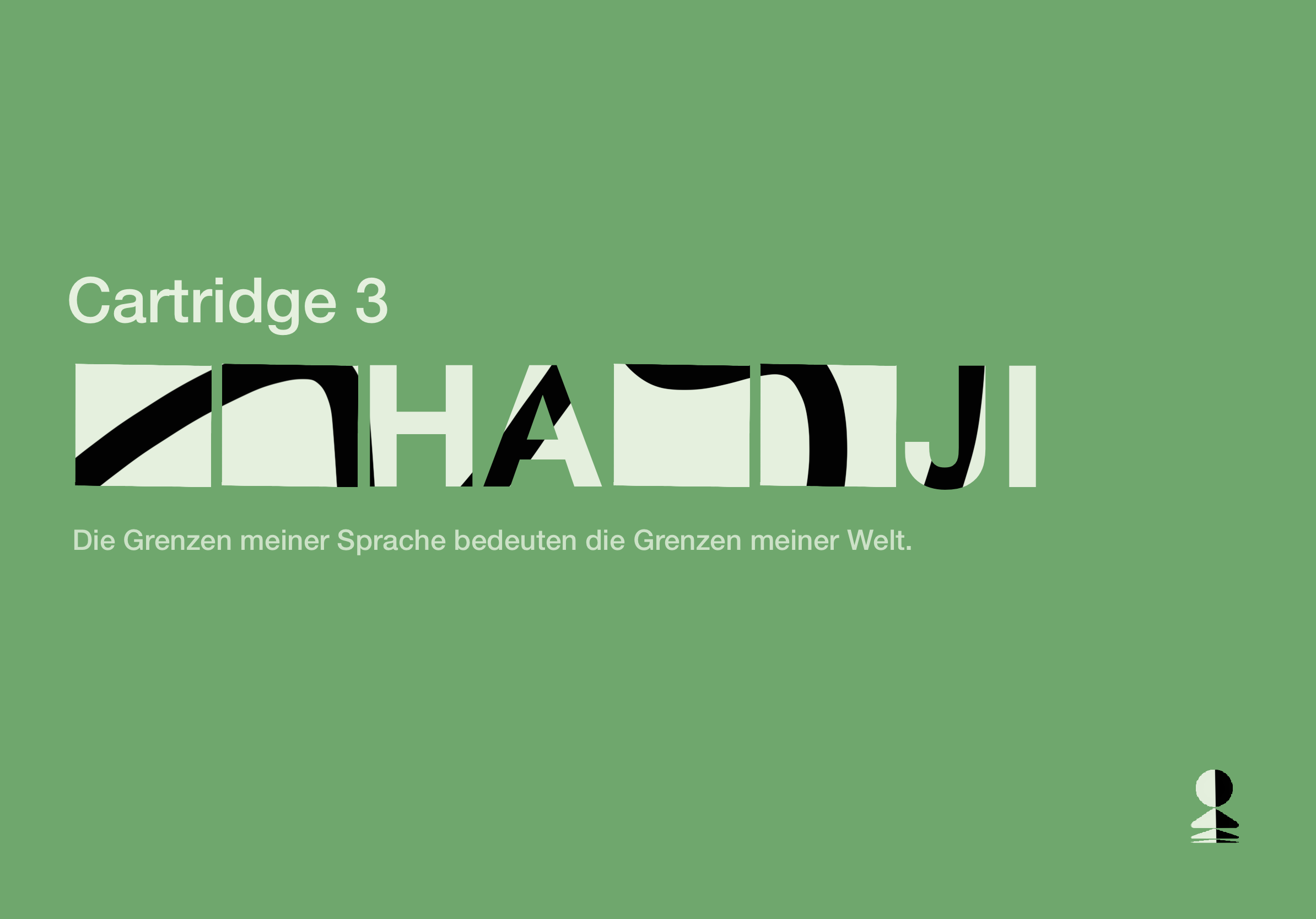 A green title card reads Cartridge 3 and a German sentence, with a central title built from black-and-white geometric letterforms