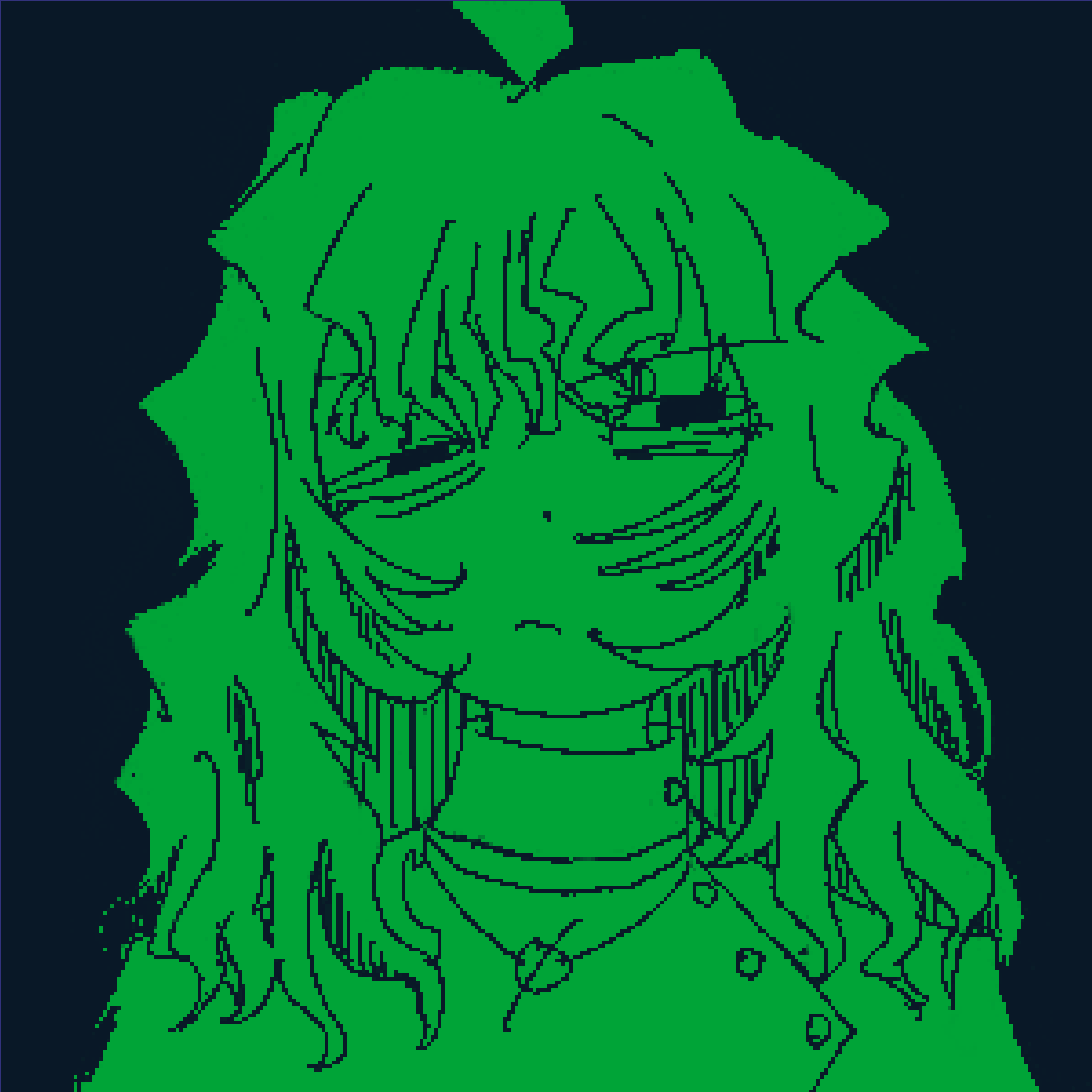 A green pixel-art close-up of a long-haired character looking down to one side on a dark blue field